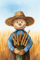 Obraz premium Watercolor illustration of scarecrow holding wheat sheaves in golden brown tones for Thanksgiving bright simple watercolour background 