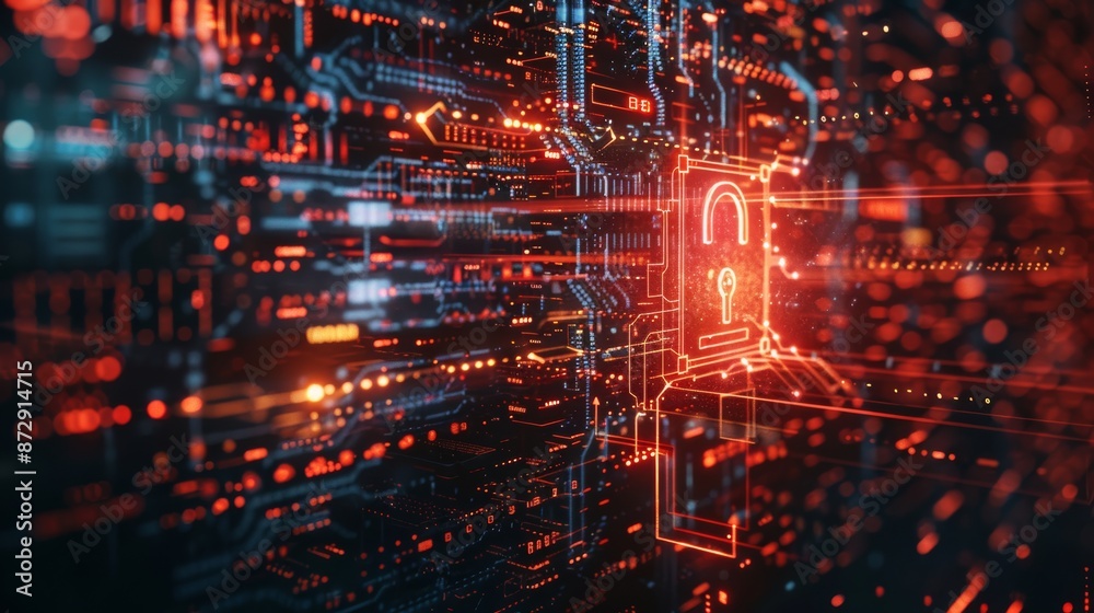 Poster Firewall concept with digital padlock and data streams