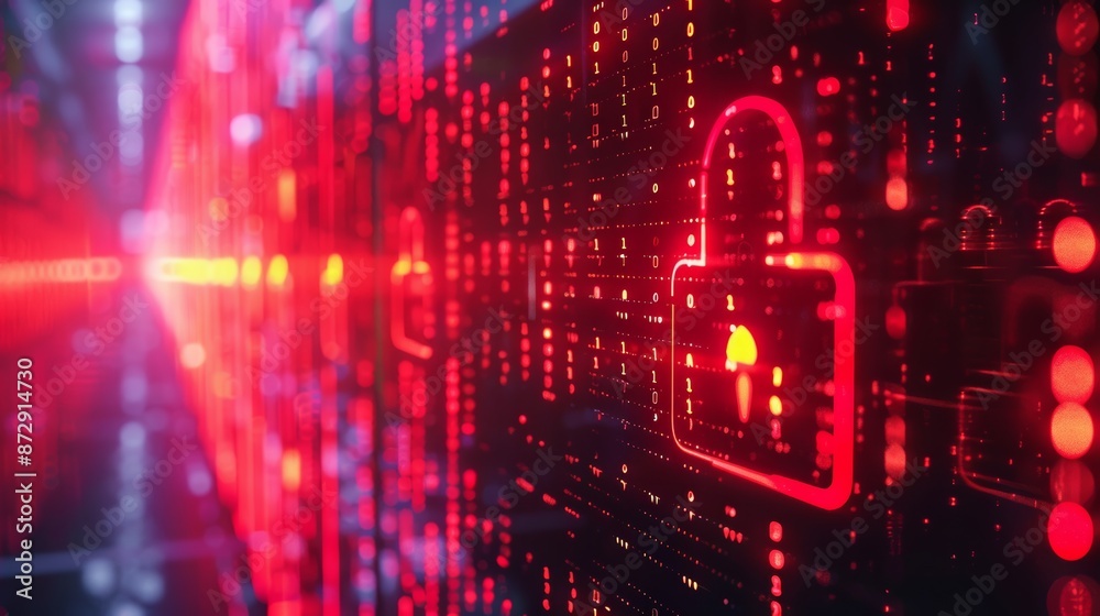 Poster Firewall concept with digital padlock and data streams
