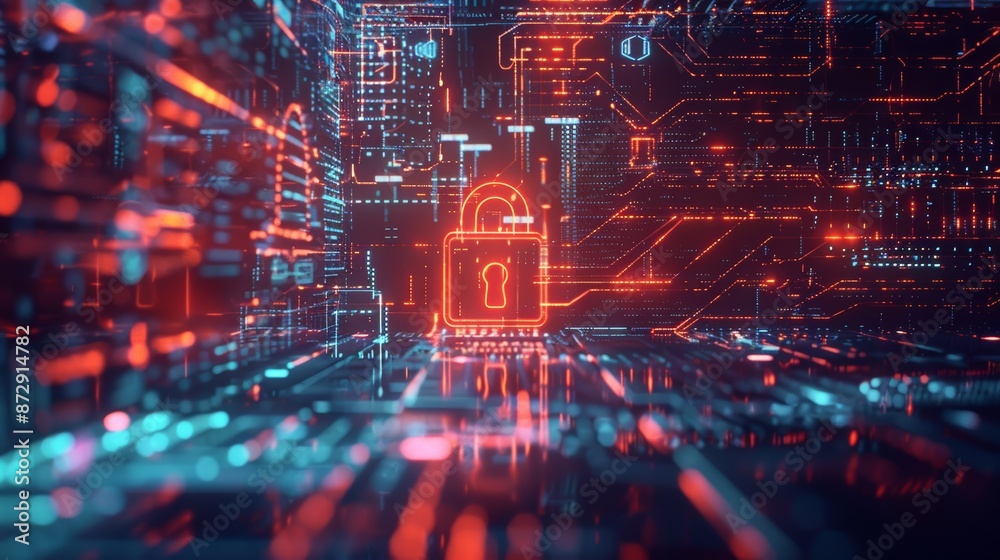 Poster Firewall concept with digital padlock and data streams