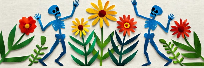 Watercolor illustration of skeletal figures with intricate costumes dancing among marigolds for Day of the Dead bright simple watercolour background banner 