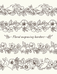 Floral engraving borders in hand drawn style