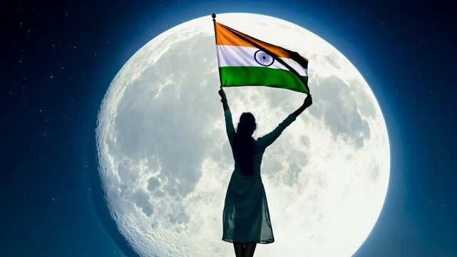 Silhouette of a woman holding the Indian flag and elevating in space against a full moon backdrop, Independence Day, Republic Day