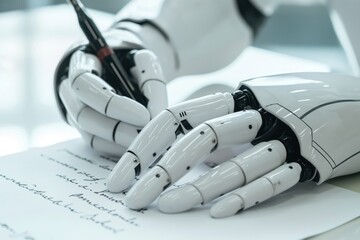 Cyborg robot writes poem on white paper with black pen. Close-up of robotic hand holding writing instrument in relaxed position. Blurred background highlights AI-generated text concept.