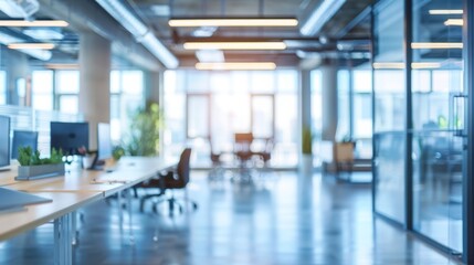 Modern open office interior with corporate workstations and call center setup, blurred background ideal for business environment, professional workspace, and office culture concepts
