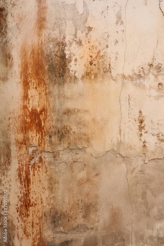 Poster weathered concrete wall with rust and peeling paint. close-up view of distressed beige and brown tex