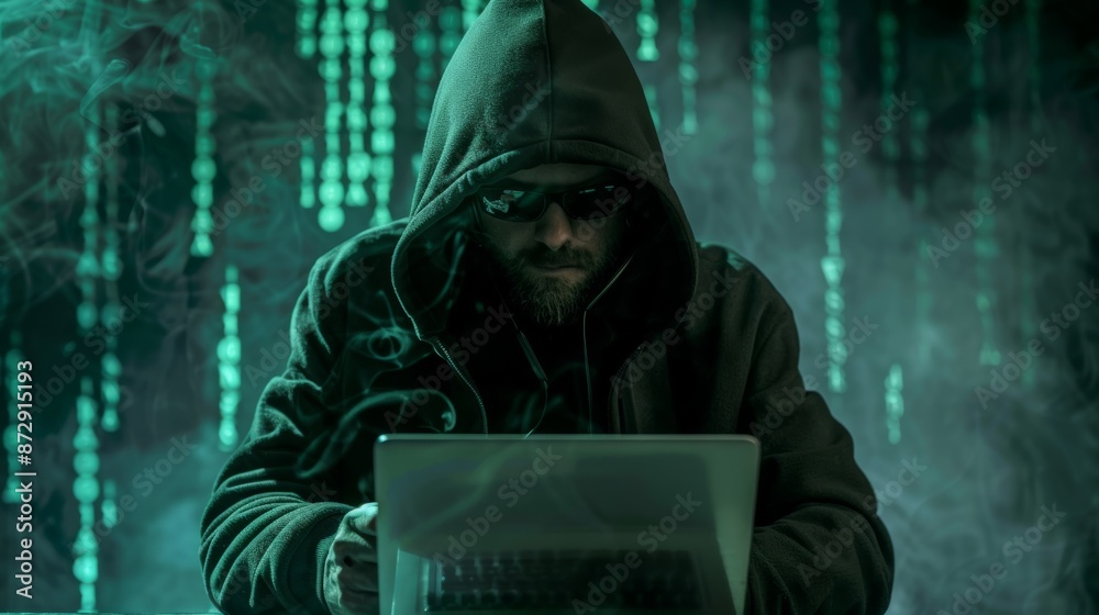 Poster Hacker in dark room typing on laptop with code on screen, cybercrime concept