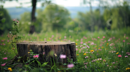 Serene Meadow Scene: Tree Stump Podium Among Wildflowers