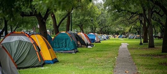 Homeless camp at city park. Social problem people poverty. Generative AI technology.	
