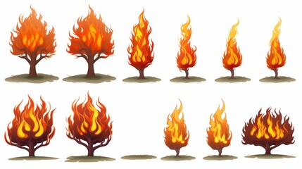 Series of Trees Engulfed in Flames Depicting Various Stages of Fire