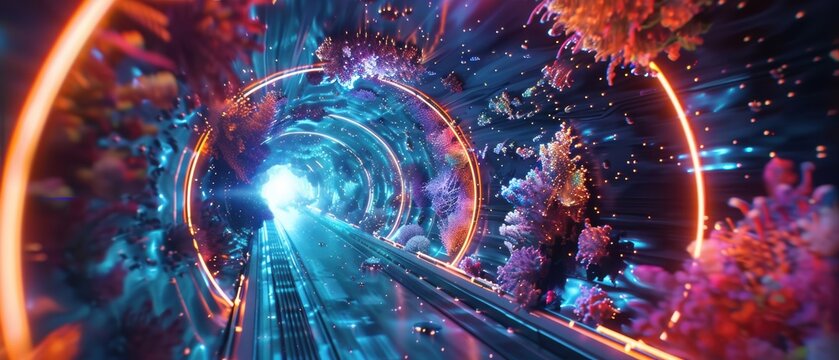 Futuristic holographic navigation system, navigating through dense cityscape, glowing neon lights, advanced tech