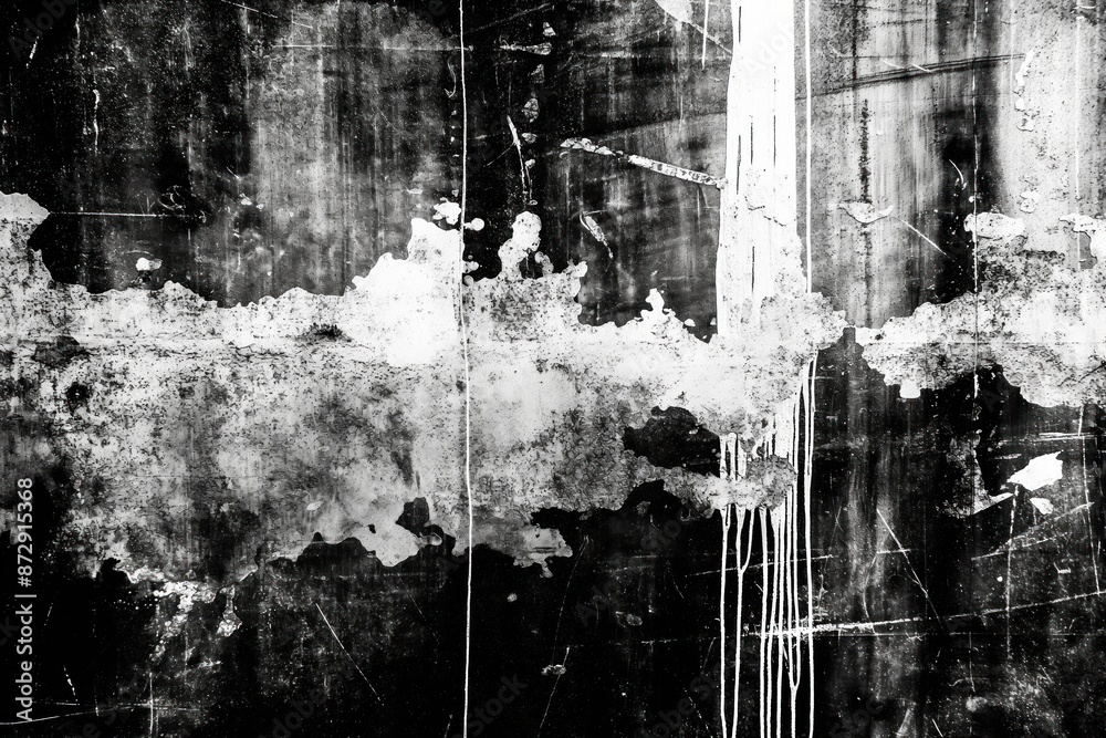 Poster distressed wall texture with peeling paint, black spots on white surface. close-up view of worn-out 