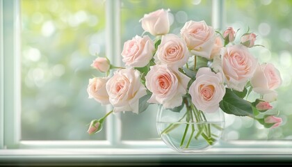 Obraz premium Pink flowers in vase on window sill, perfect floral bouquet, summer day, blurred garden background