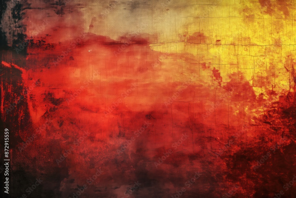 Poster Vibrant abstract painting with red yellow gradient background texture. Distressed rough uneven surface adds depth dimension. Perfect for tech eco design illustration use.