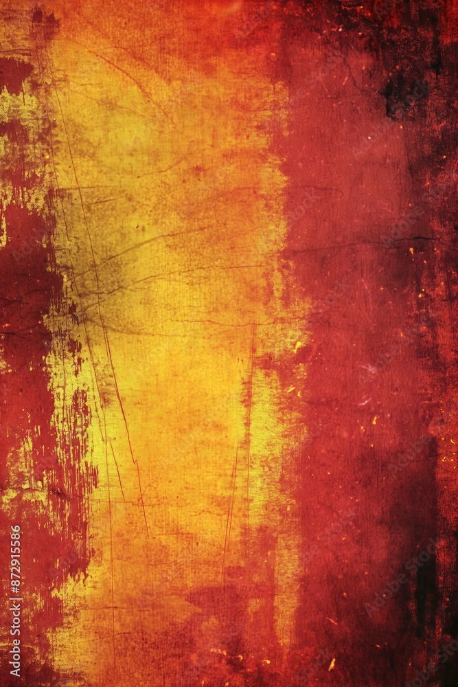 Poster Vibrant red yellow distressed texture background. Close-up view of rough uneven surface adds depth, unique perspective creates sense warmth energy. Text objects visible emphasizing abstract.