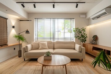 A living room in an architectural magazine photo shoot, with a simple Japanese interior design featuring light wood floors and white walls