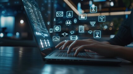 Fototapeta premium The hands on laptop keyboard