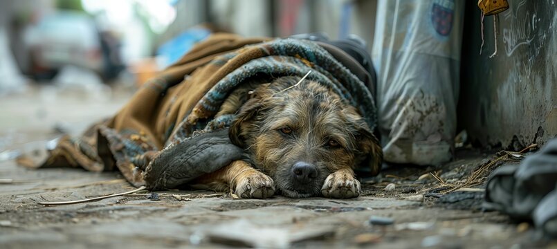 Dirty homeless dog at sidewalk. Generative AI technology.	
