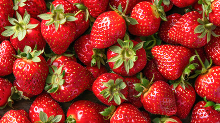 Close-up of fresh, vibrant strawberries showcasing their rich red color and juicy texture.

