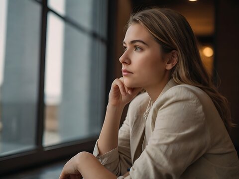 portrait of a woman, she llok at window and sadly
