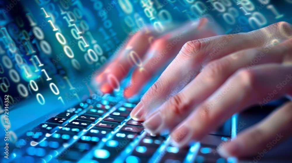 Poster Hands typing on a keyboard with binary code overlay