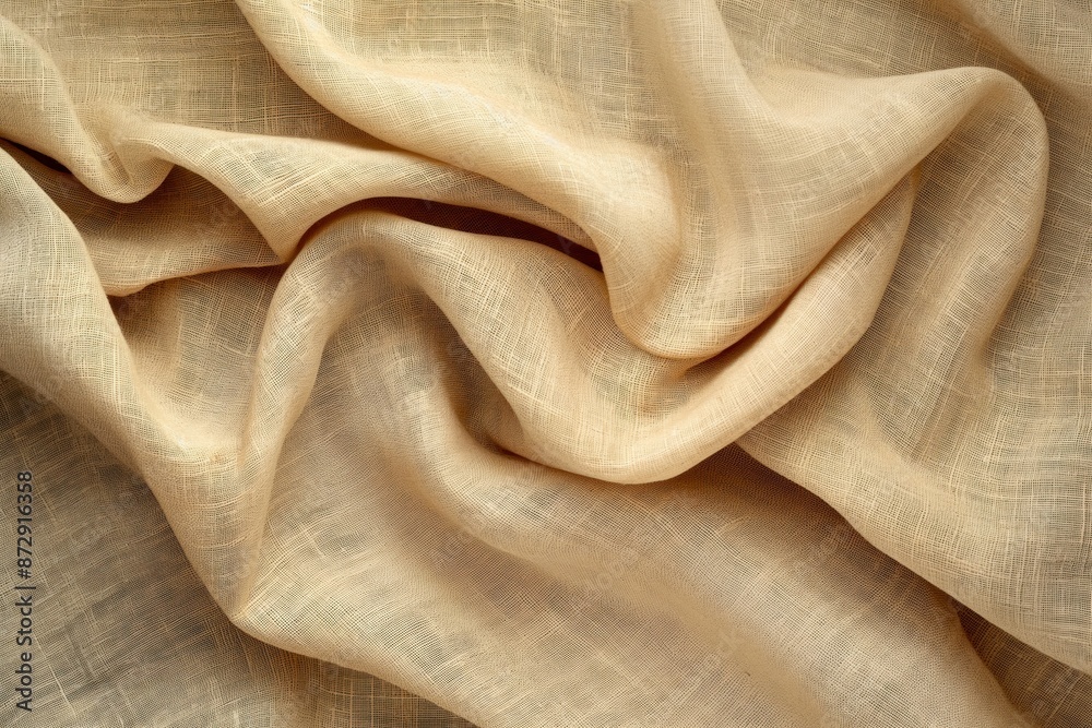 Aufkleber Beige linen fabric texture pattern close-up view. Natural folds create sense of movement. Fabric appears to be made of high-quality linen material with intricate patterns and subtle texture.