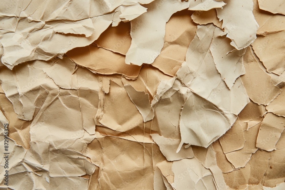 Aufkleber Crumpled beige paper on light brown surface with textured cardboard background. Close-up view of folded and curled paper with rough edges. No text or objects visible. Focus on paper texture and color.