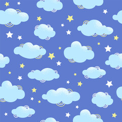 Cute night sky with clouds and stars vector children's seamless pattern