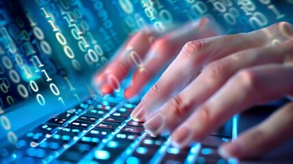 Hands typing on a keyboard with binary code overlay