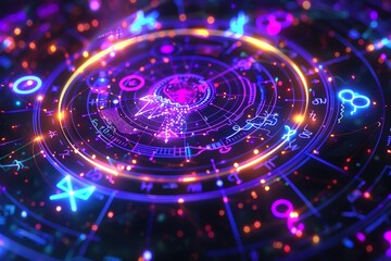 Obraz premium Abstract digital neon futuristic interface with colorful glowing symbols, representing advanced technology and cyber aesthetics.