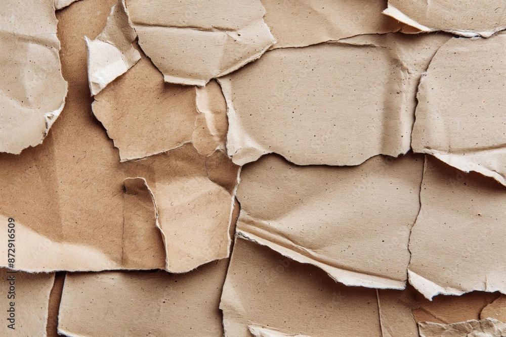 Aufkleber Brown paper pile on beige surface texture background. Crumpled cardboard pieces overlap and lie flat with random arrangement. No text or objects visible in close-up view.