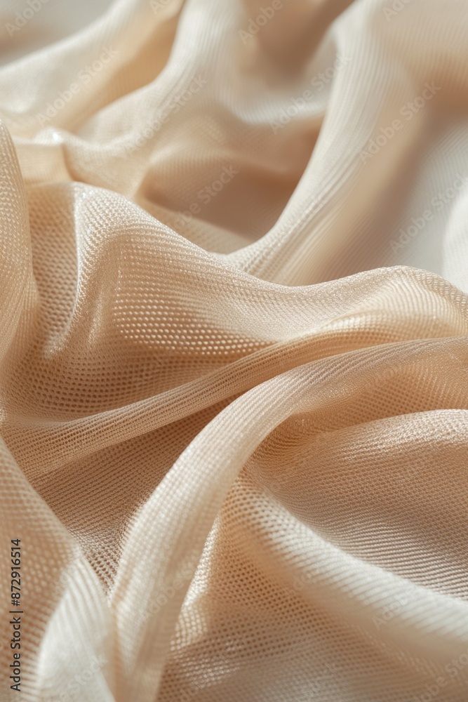 Poster close-up of beige fabric with crinkled texture, small holes creating depth. fabric curled at edges, 