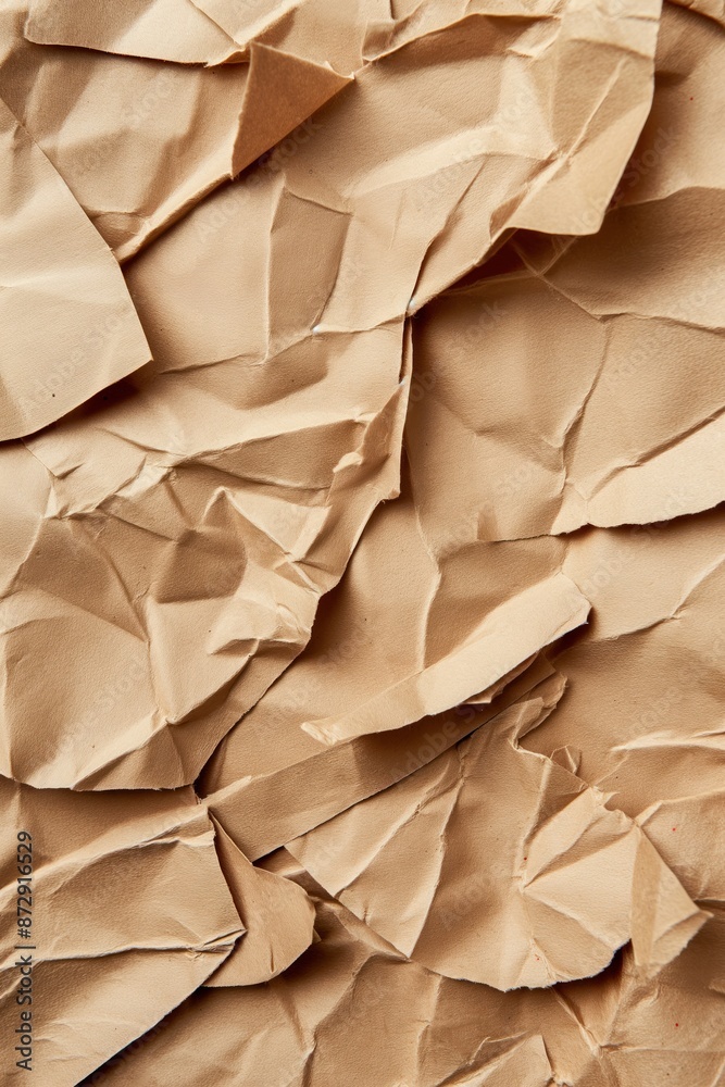 Poster Crumpled brown paper texture with frayed edges. Close-up view of recycled cardboard surface. Eco-friendly craft material for DIY projects and art. Unique background blur emphasizes intricate details.