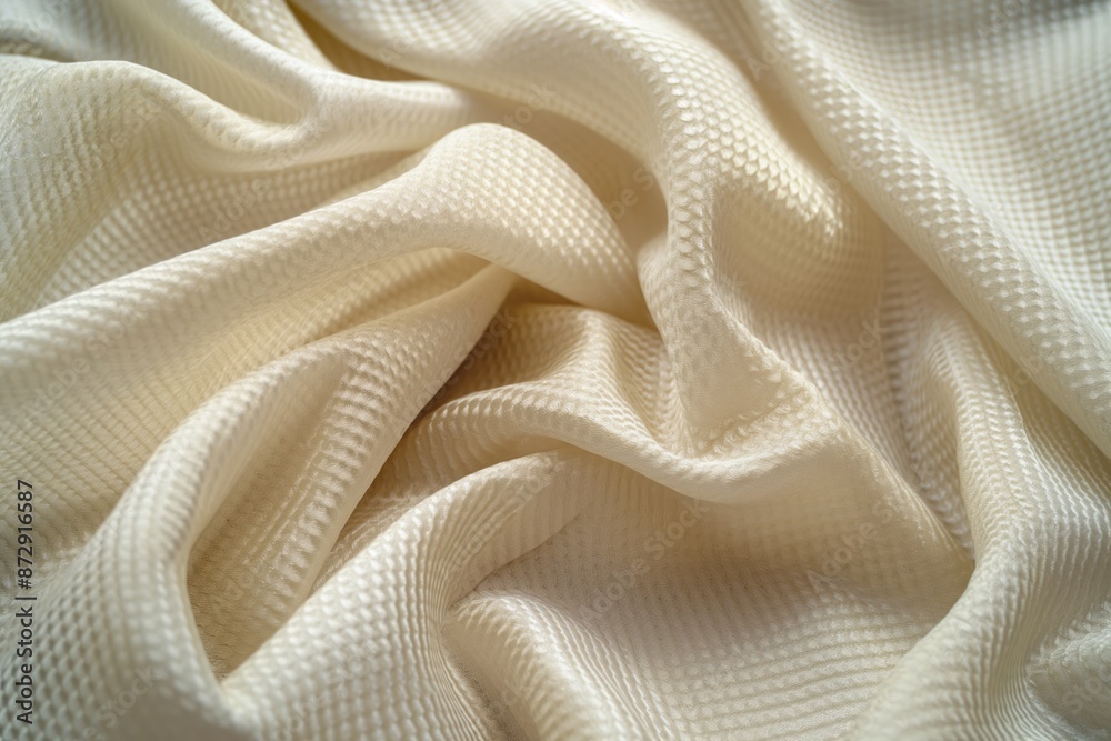 Poster Close-up view of crinkled fabric with small square holes creating depth. Woven material with patterned design. Elevated angle shows intricate details. Suitable for sports and jerseys.