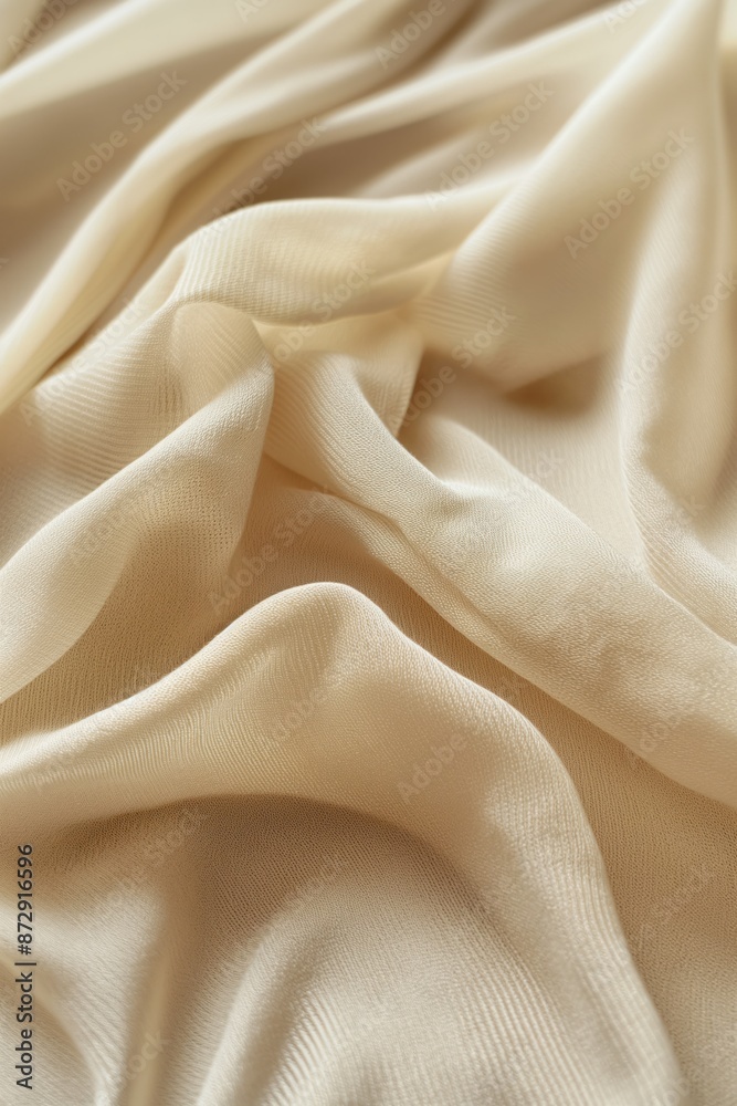 Poster Close-up of beige fabric with crumpled texture, folded to create depth and dimension. Blurred background highlights intricate details. Perfect for sports clothing, jersey, or abstract design.