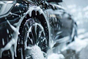 Black car exterior covered in foam soap bubbles after washing on wet surface. Side view shows clean wheels and car body with foamy suds. Perfect for automotive, cleaning, or lifestyle photography.