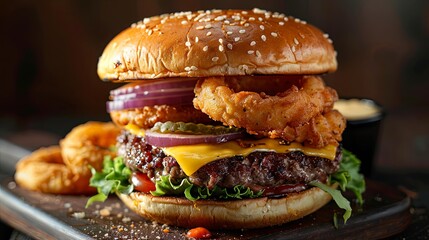 Fast food cheeseburger with onion rings and chicken