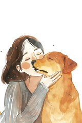 Watercolor illustration of a girl hugging and kissing her dog, depicting love and friendship between humans and pets.