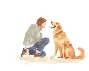 Watercolor illustration of a person crouching and interacting with a happy dog, showcasing companionship and pet love.