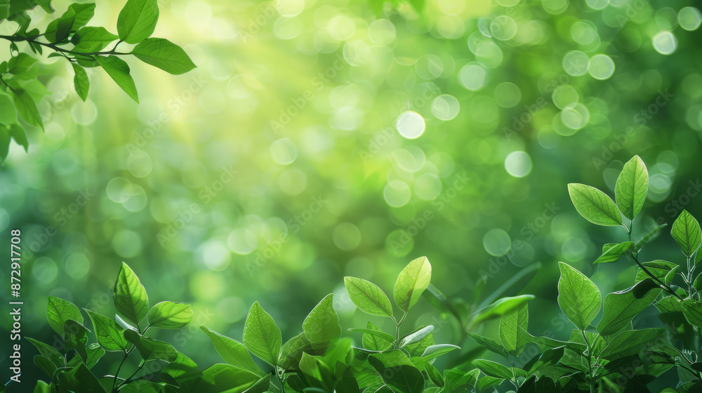 Wall mural fresh green leaves with sunlight bokeh. nature background for design and print