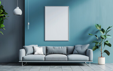 A mockup of an empty white canvas on the wall above grey sofa against blue background