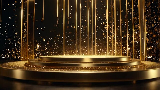 3D Award party stage golden stage glitter animation. stars, lights and particles. Luxury gold light streak. Particle, luxury awards ceremony background, Oscar awards performance. 3D Illustration