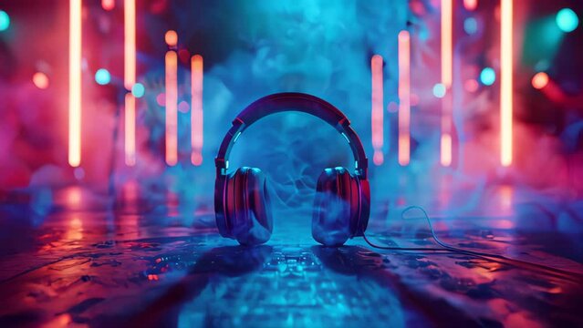 Glowing Neon Headphone on Dark Glowing Background