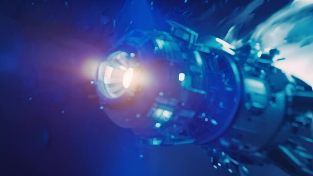 Futuristic engine cores shine amidst dynamic space travel