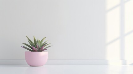 Modern interior with pink potted Haworthia flower on white backdrop