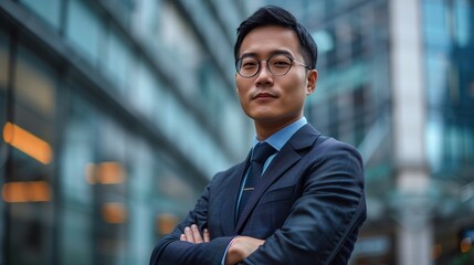 Fototapeta premium A handsome Chinese businessman stands in front of the glass building, wearing glasses and a suit with his arms crossed on his chest. He has a confident expression as he gazes into the distance