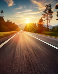 Fototapeta premium route avec effet de vitesse et de lumière au soleil couchant dans une voiture rapide en ia