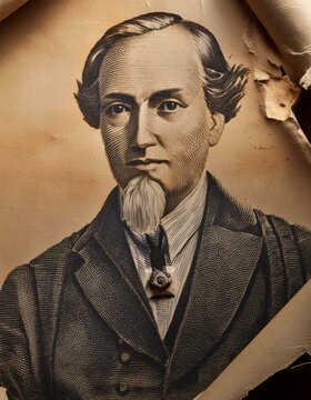 portrait d'un homme vintage sur vieux papier, homme avec barbiche et costumes de 1880 en ia