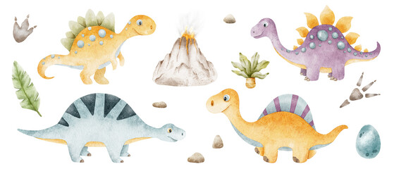 Set of baby dinosaurs, palm trees, Erupting volcano, footprints, egg and stones. Isolated hand drawn watercolor illustrations of dinos. Clipart of spinosaurus for children's baby shower cards © Fedulova_art