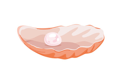 Open shell with white pearl and flaps. Beige half open shell doors with mother of pearl ball, side view of seashell with expensive rare treasure inside from bottom of sea cartoon